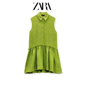 Zara Oversized Lime Tweed Sleeveless Collared Textured Mini Dress Size M